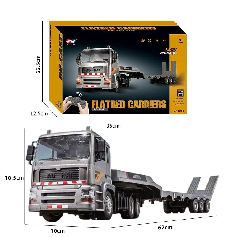 Large Remote Control Flatbed Truck 2.4g 1:20 Alloy Rechargeable Engineering Toy With Detachable Parts For Kids 9 Channels
