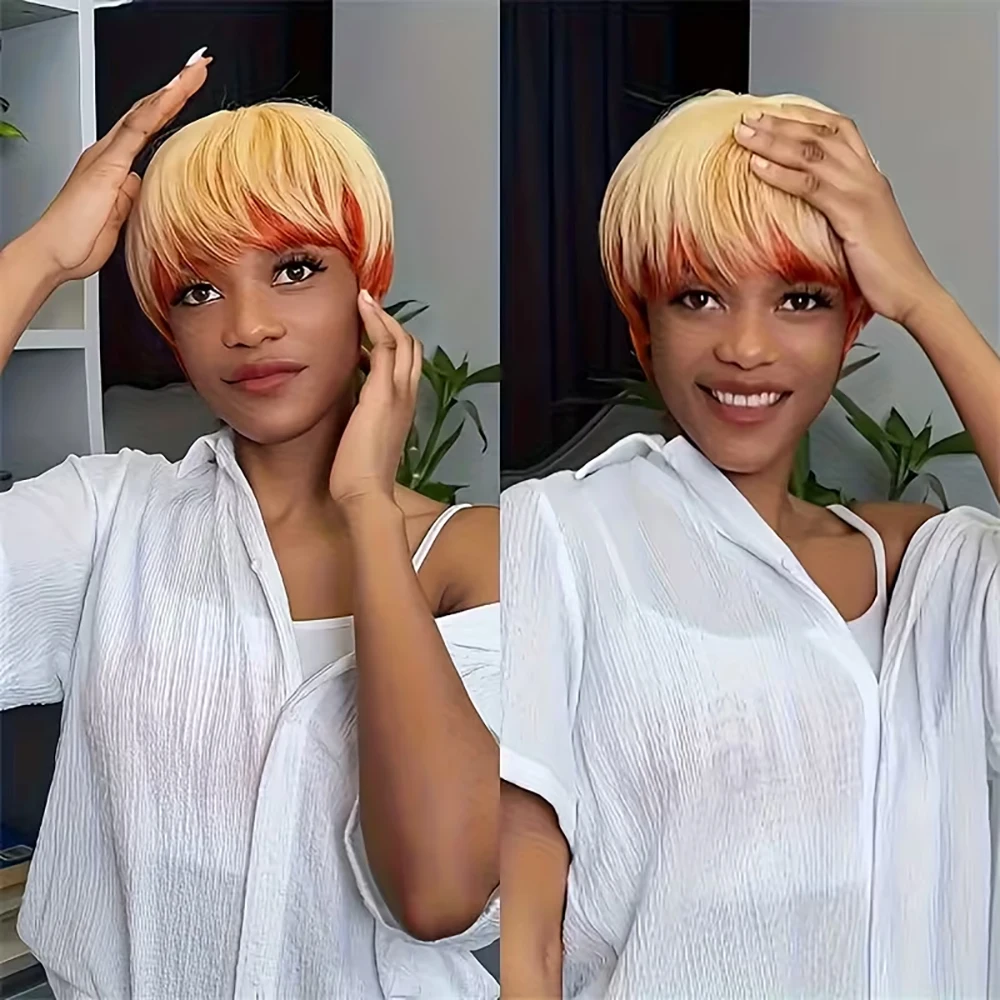 شقراء أومبير قصيرة عابث قطع الباروكات شعر الإنسان مستقيم شعر مستعار البرازيلي شعر ريمي مع الانفجارات قبل قطعها للنساء آلة كاملة صنع #2