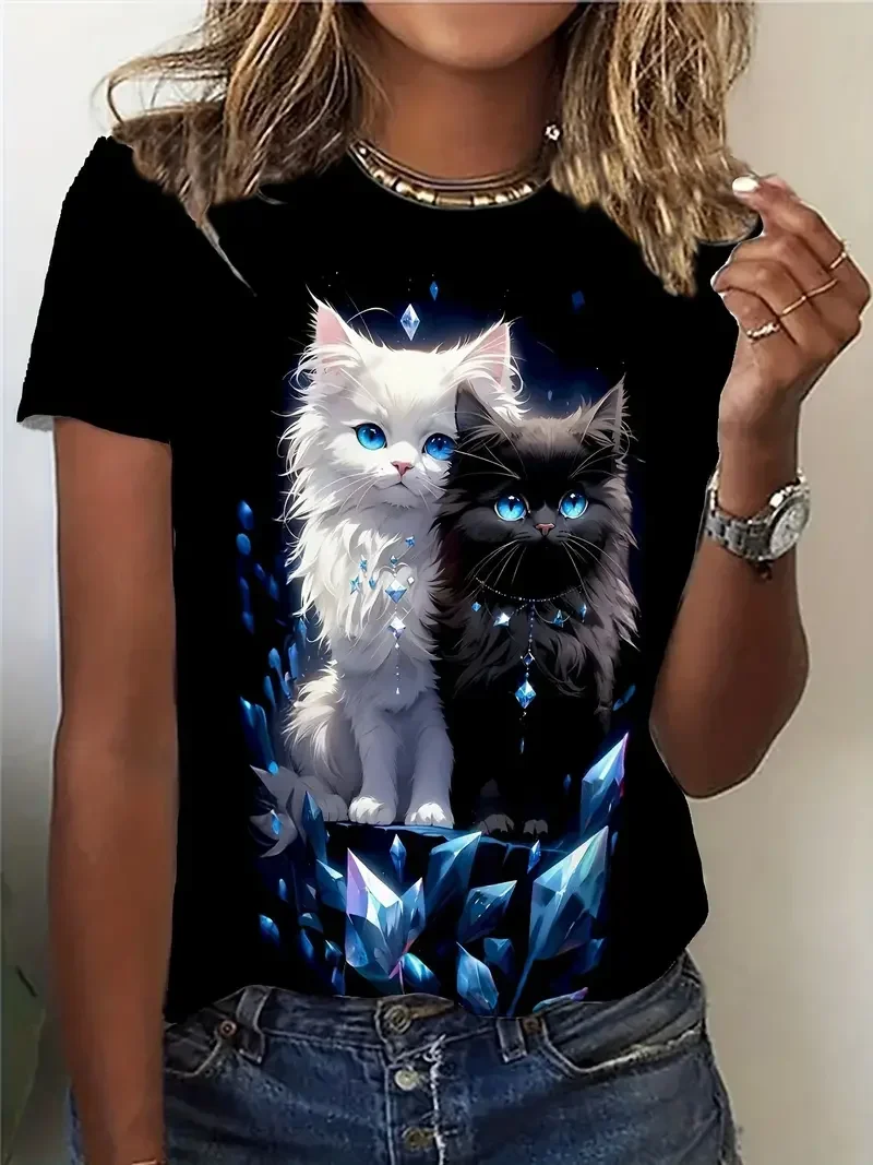 T-shirt de manga curta feminina, gato 3D estampado, roupa de rua fofa, pulôver extragrande, animal, verão