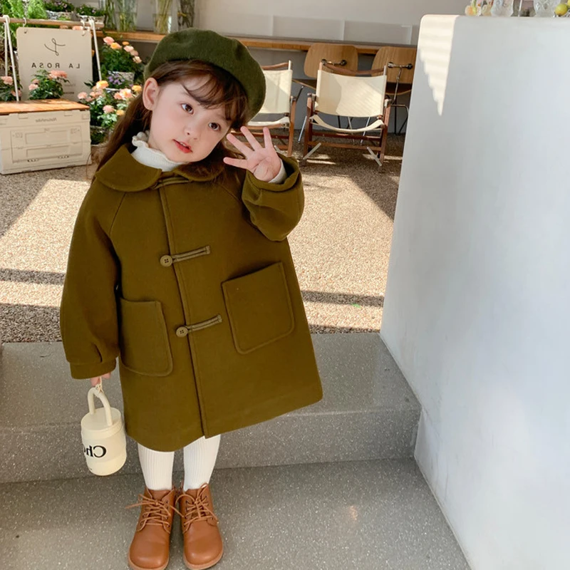 123  Girls Woolen Overcoat Autmn Winter Long Style Thick Warm Jacket For Doll Neck Single Breasted Cardigan Windbreaker Coat