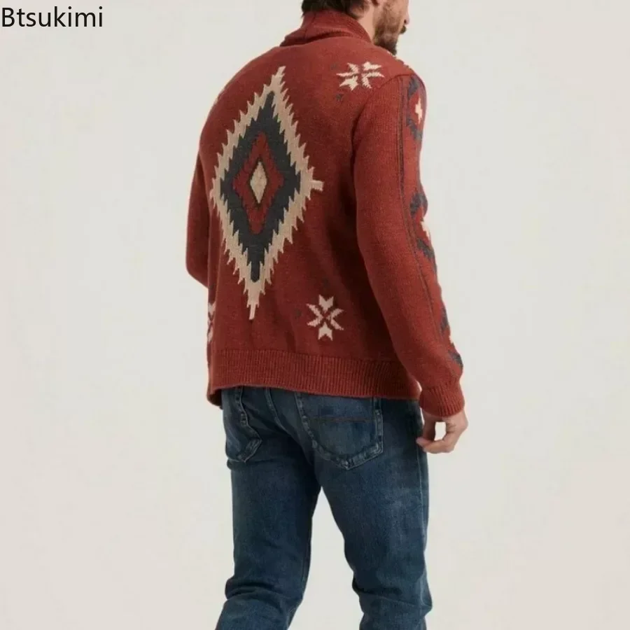 2026 Autumn/Winter Men\'s Sweaters Lapel Retro Jacquard Sweater Coats Man Knitted Cardigan Thicker Warm Sweater for Men\'s Jacket