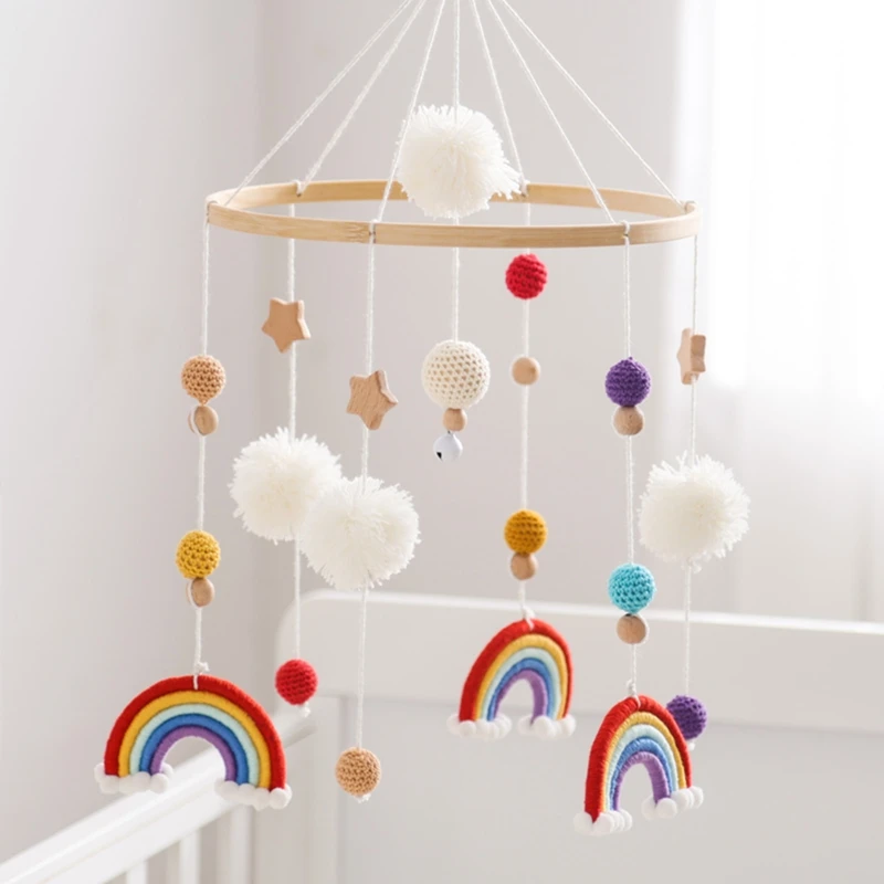 Baby Rattle Toys Crib Mobile Wooden Bed Bell Rattle Toy Rainbow Shape 0-12Month Newborn Crib Bed Holder Brackets Toys Baby Gifts