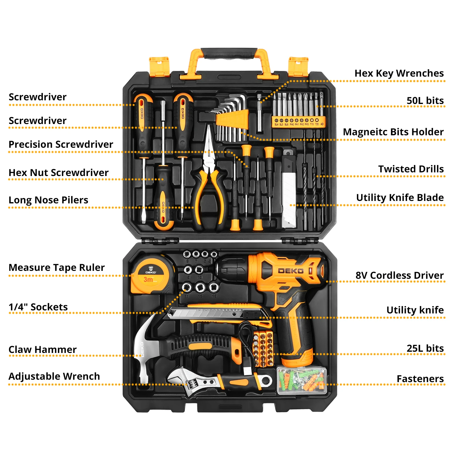 DEKO 126 pièces Kits combinés d'outils électriques avec perceuse sans fil 8V, mandrin sans clé 10MM 3/8 '', Kits d'outils manuels de bricolage professionnels pour la maison