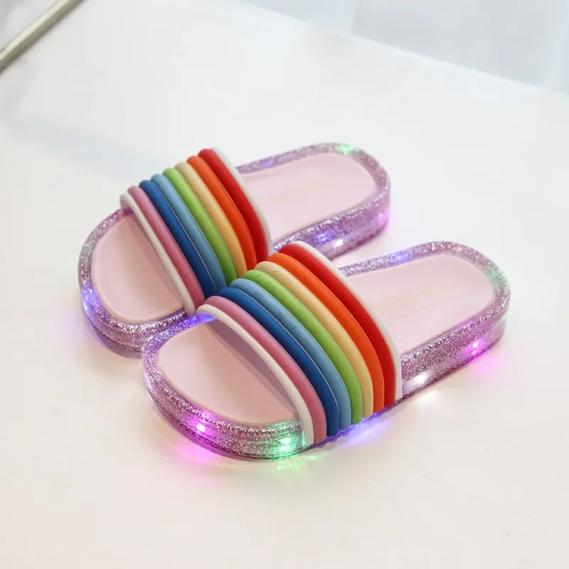 Summer new LED flashing lights Jelly Rainbow word flip sandals girls soft bottom fish mouth baby children\'s slippers