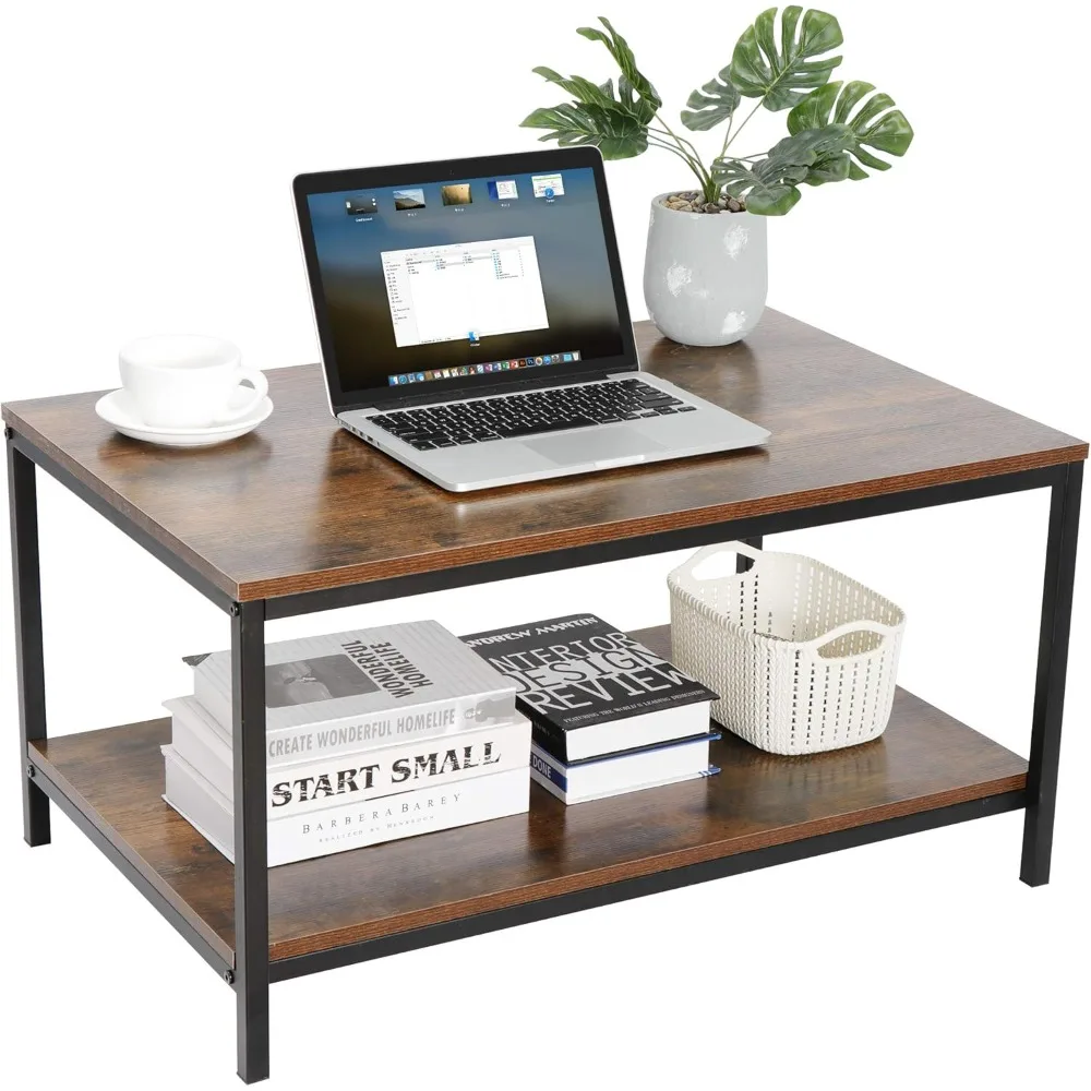 

31.5in Industrial Coffee Table Wood Look Accent Furniture Wooden Board Stable Metal Frame Cocktail Table 2-Tier Tea Table
