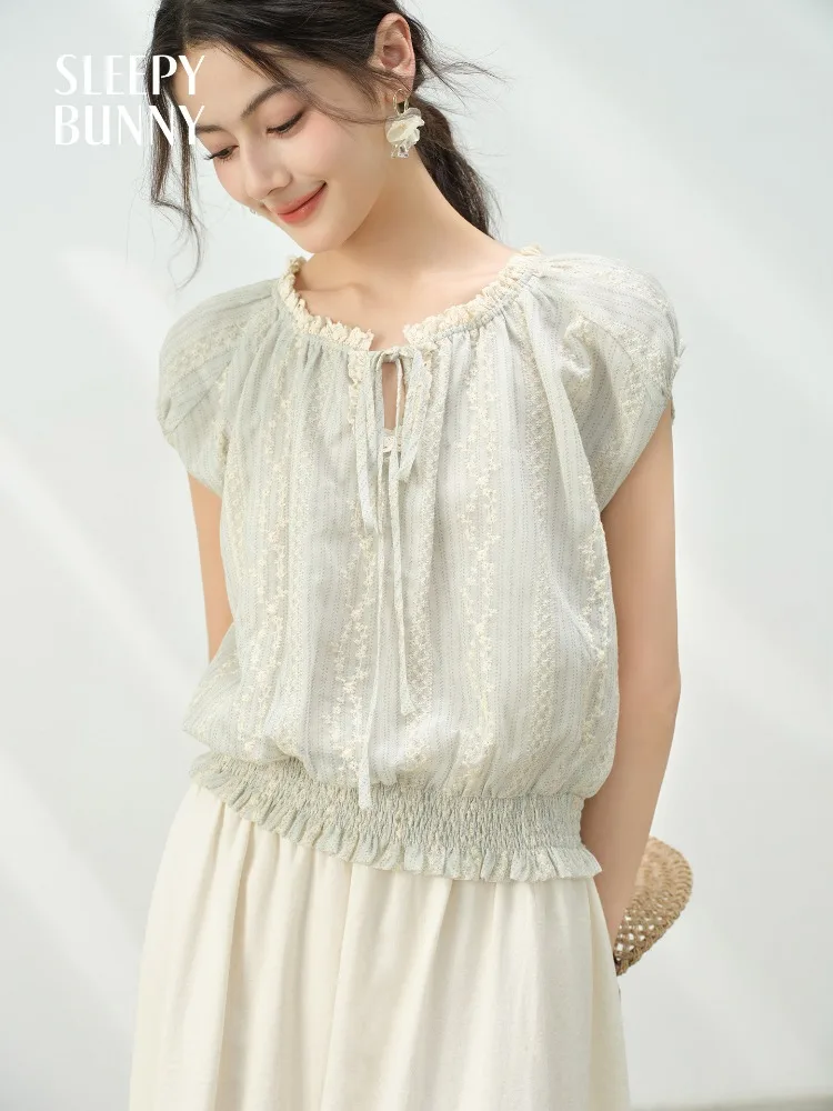 

Lace Trim Embroidered Puff Sleeve T Shirt Women Sweet Hollow Out Tie Neck Short Sleeve Blouse Korean Loose Elegant Casual Top