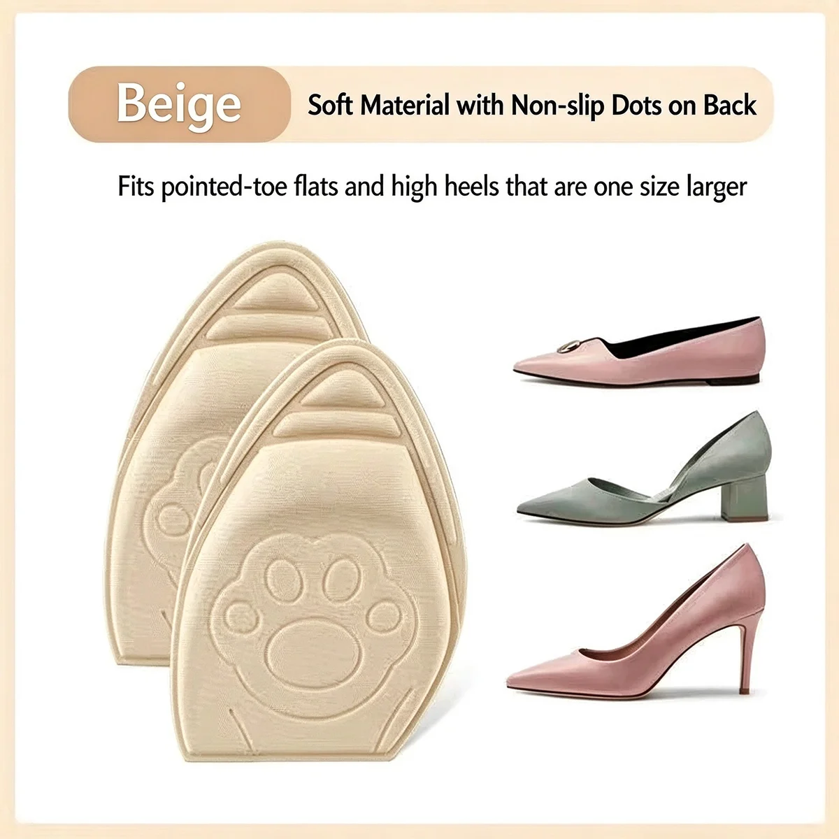 2 Pack Beige Toe Cushion Pads, Thickened Sponge Toe Inserts with Paw Embossed Pattern, Soft Fabric Anti-slip Forefoot Pads for