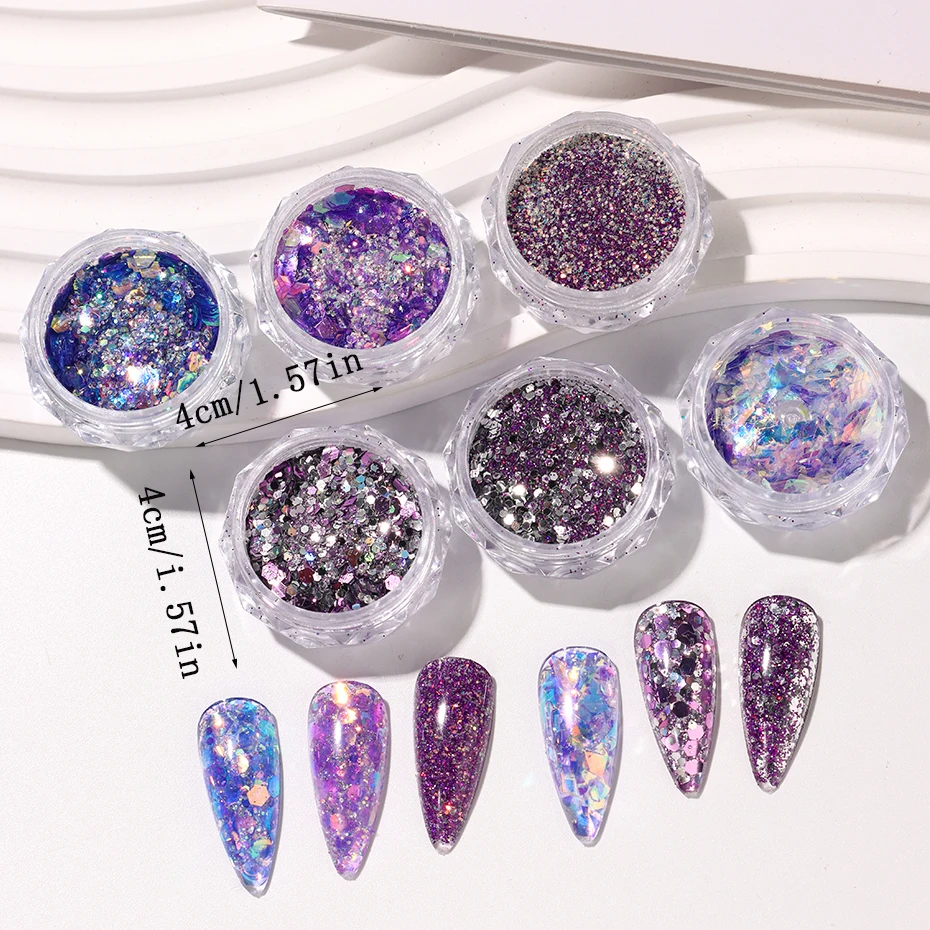 6 Boxes/Set Mixed Reflective Purple Chunky Holographic Nail Glitter Hexagon Powder Pigment Dust Y2K Gorgeous Nail Art Decoration
