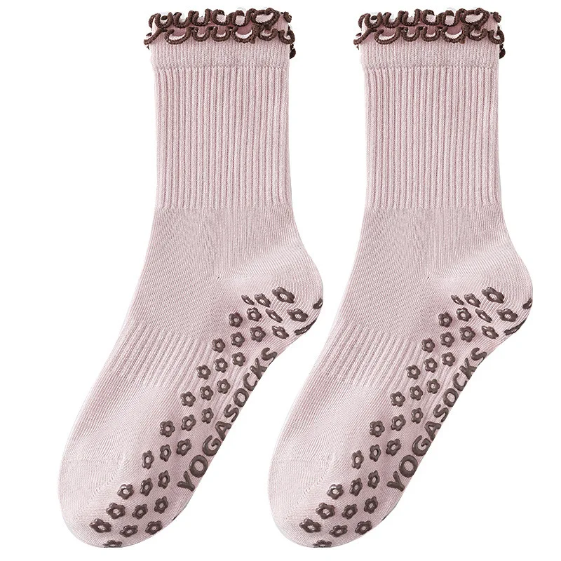 Women Ruffle Cuff Pilates Socks, Medium Tube Pure Cotton Silicone Non Slip Yoga  Breathable Sweat Wicking Fitness Sports Socks