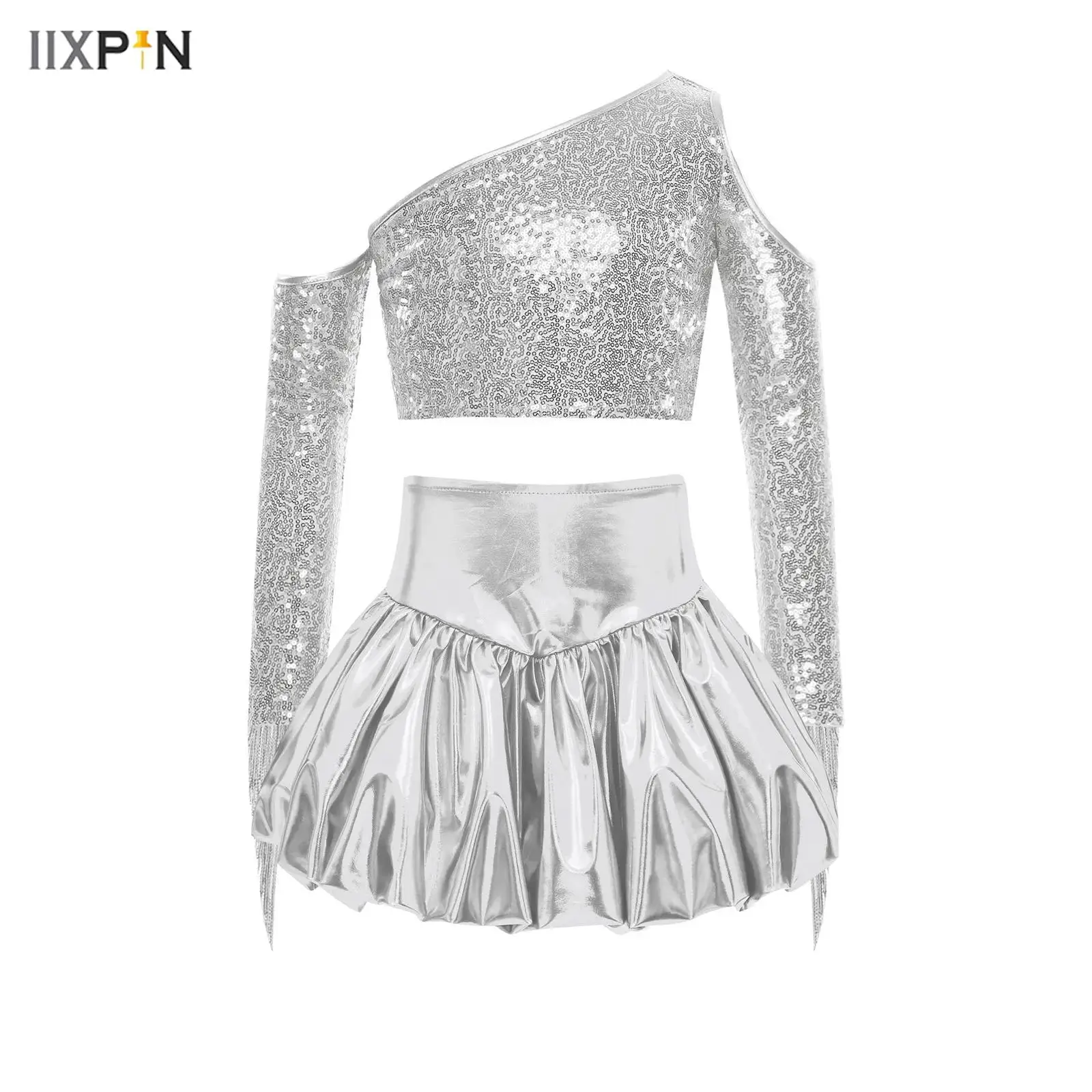

Children's Jazz Dance Performance Costume Silver Technology Top Bubble Skirt Stage Costume Jazz Dance Girls' Clothes Set