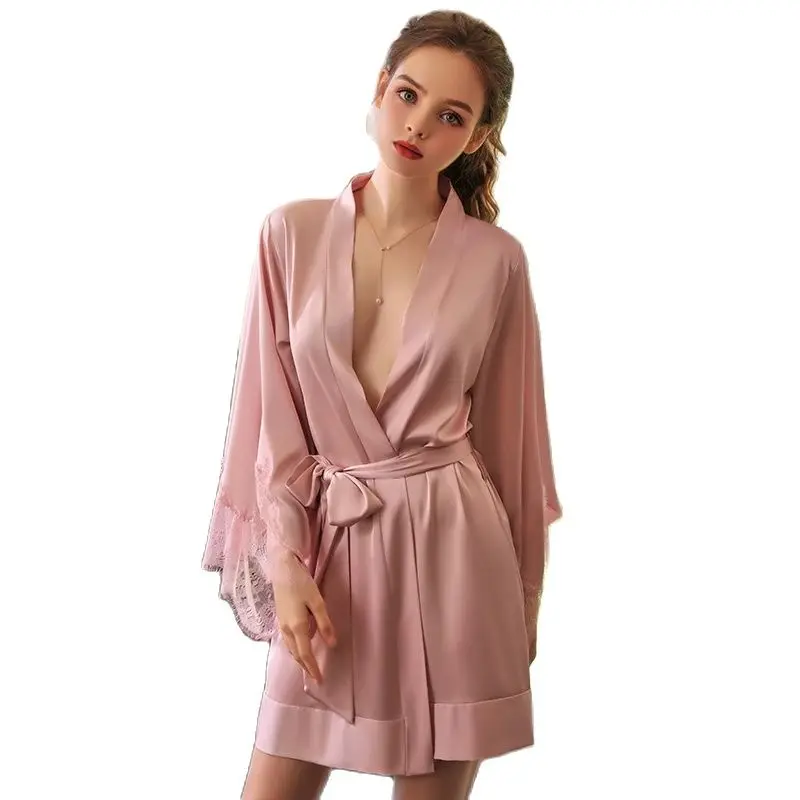 

Spring And Summer New Bathrobe Imitation Silk Cuff Splicing Lace Hollow Cuff Lacing Robe Solid Color Women‘S Bathrobe Home Wear