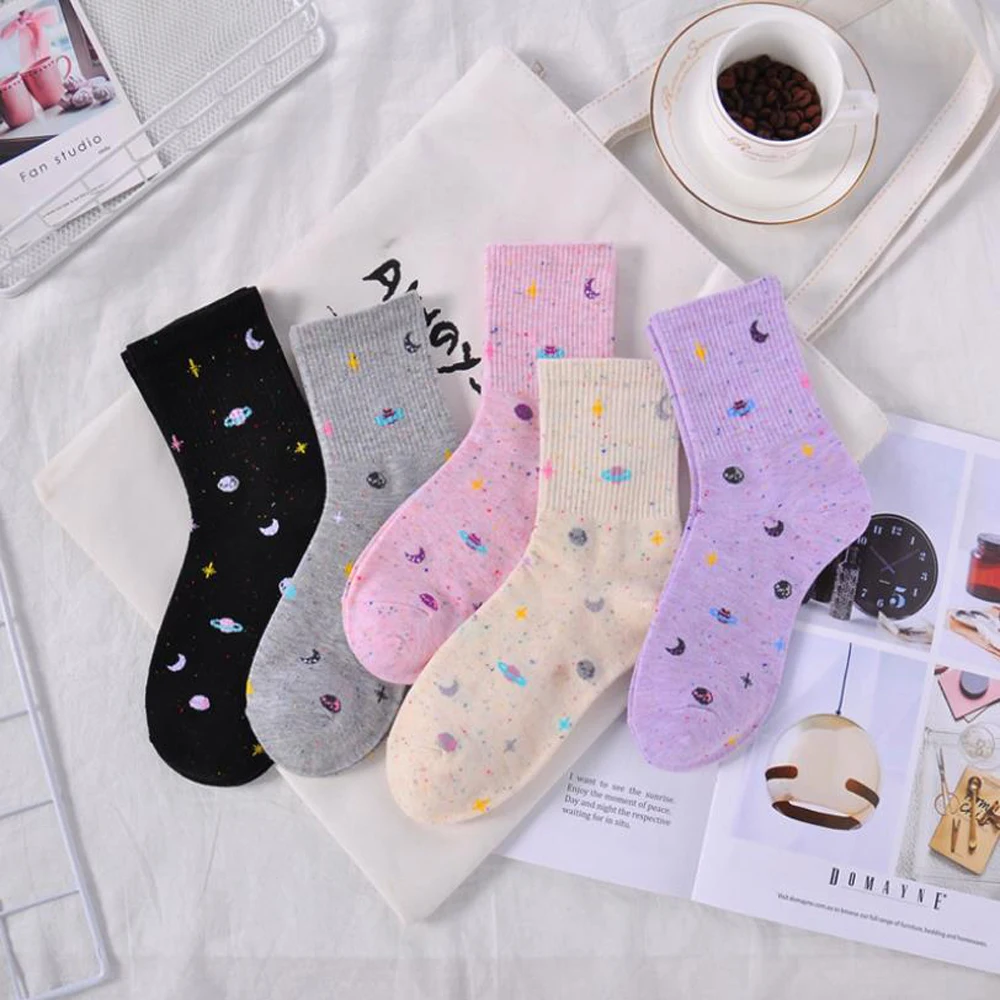 Women Socks Universe Starry Sky Sports Socks Love Candy Color Comfortable Cotton Stars Moon Creative Harajuku Cute Funny Socks