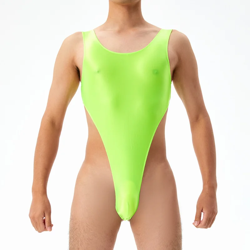 Mens Sexy Bodysuit Oil Glossy Silky Swimsuit Perspective T Crotch Tights High Elastic Large Size Seamless High Fork Swimwear