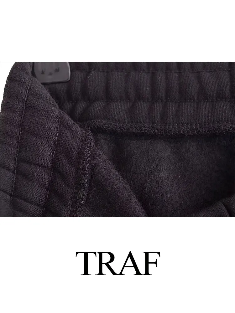 TRAF 2023 Winter Women\'s Fashion Sets 2 Piece Fleece Sweatshirt Lined Stretch Bomber Jacket + High Waist Wild Female Pants