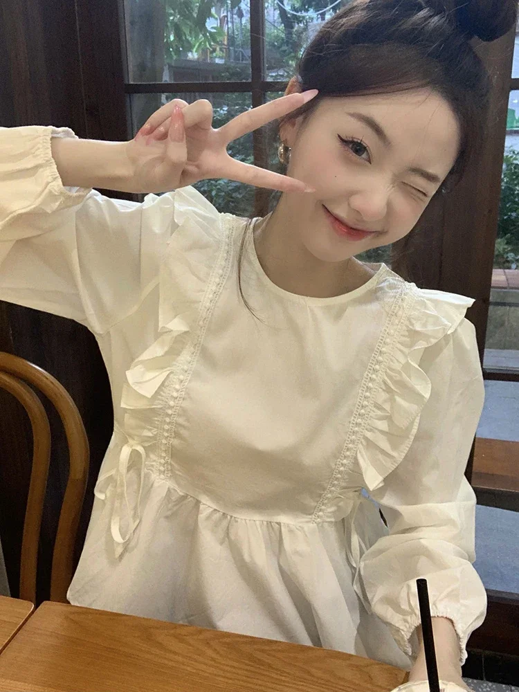 Ruches Zoet Wit Shirt Vrouwen Losse Koreaanse Mode Lange Mouw Blouse Casual Leuke O Hals Ontwerp Vrouwelijke Preppy Stijl Tops