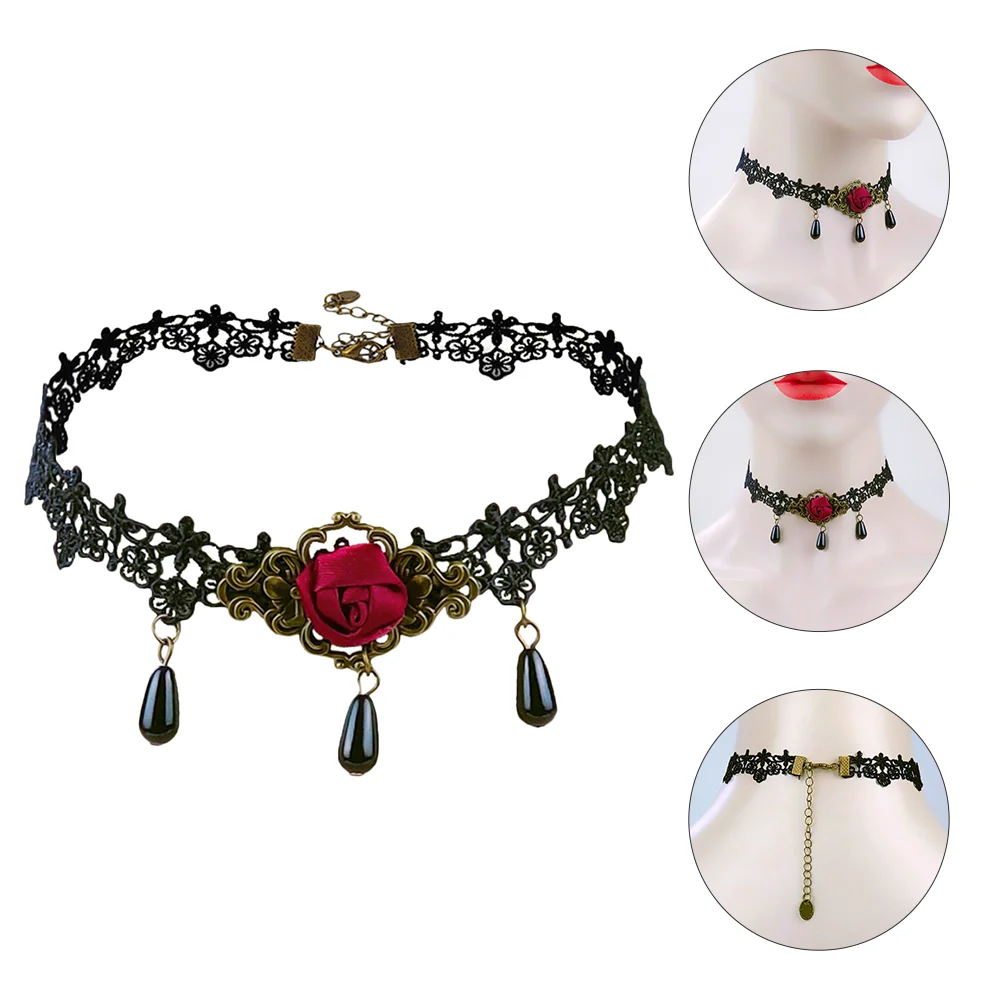 Crystal Black Necklaces Chokers for Women Zinc Alloy Plated Bronze Fittings Rose