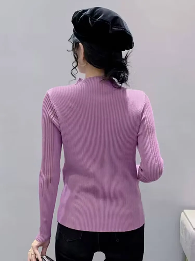 Striped Diamond Set Female Autumn Winter Woman Pullover T-shirt High Quality Half Turtleneck Sweater Hollow Out Splicing image 5