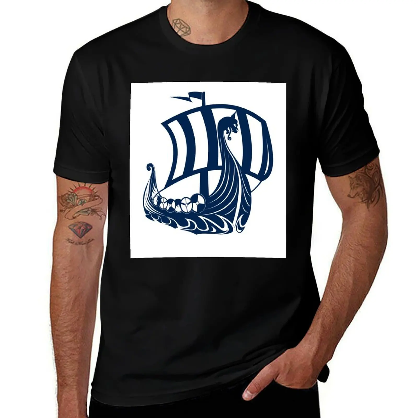 Viking Ship T-Shirt Vintage Print Crew Neck Tee T-Shirt