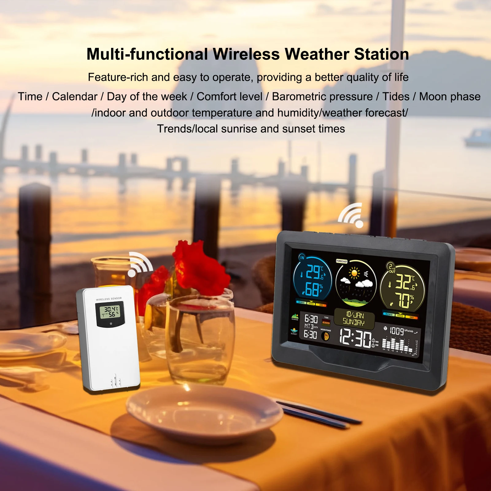 Multi-Function Thermometer Hygrometer with Sensor Electronic Weather Station Intelligent Color Screen Clock Indoor and Outdoor