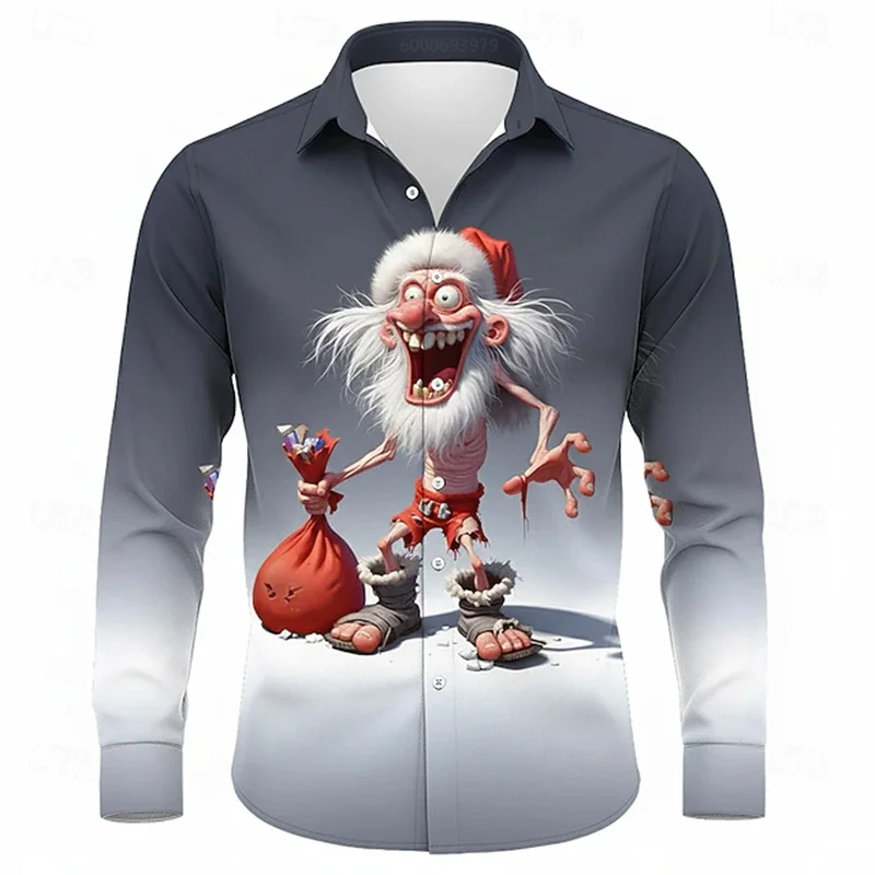 

Funny Old Man Graphic Men's Shirts Christmas Theme Long Sleeve Turn-Down Collar Tops Fashion Outdoor Street Casual Loose Clothes