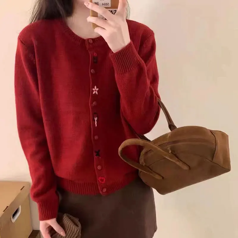 Korean Style Irregular Pattern Embroidered Wool Knitted Cardigan for Women in Autumn Winter with Round Neck Loose Sweater Jacket