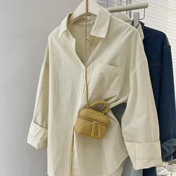 QWEEK Korean Style Office Shirt Solid Color Elegant and Youthful Woman Loose Blouses Basic Minimalist Button Up Clothes Clothes