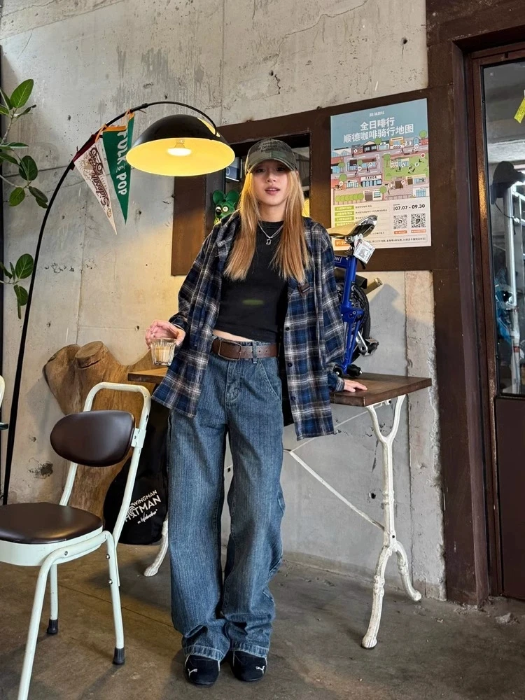 เสื้อเชิ้ตลายสก๊อตวินเทจผู้หญิงฮาราจูกุแขนยาวสไตล์อเมริกันเสื้อคลุมมีฮู้ดแบบมีเชือกผูกหลวมๆสบายๆสตรีทแวร์ฤดูใบไม้ผลิ