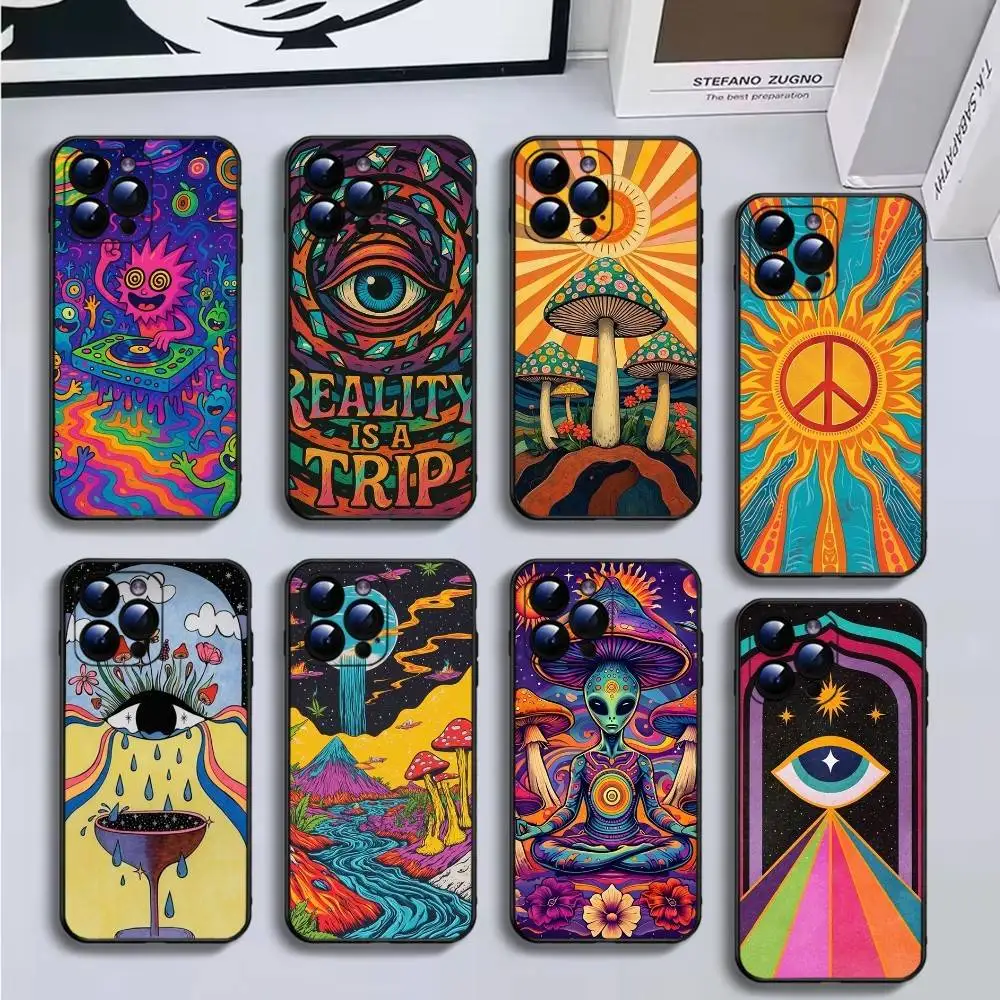 

Indie Hippie Art Phone Case For iPhone17,16,15,14,13,12,11 Plus,Pro Max,Soft Black Cover