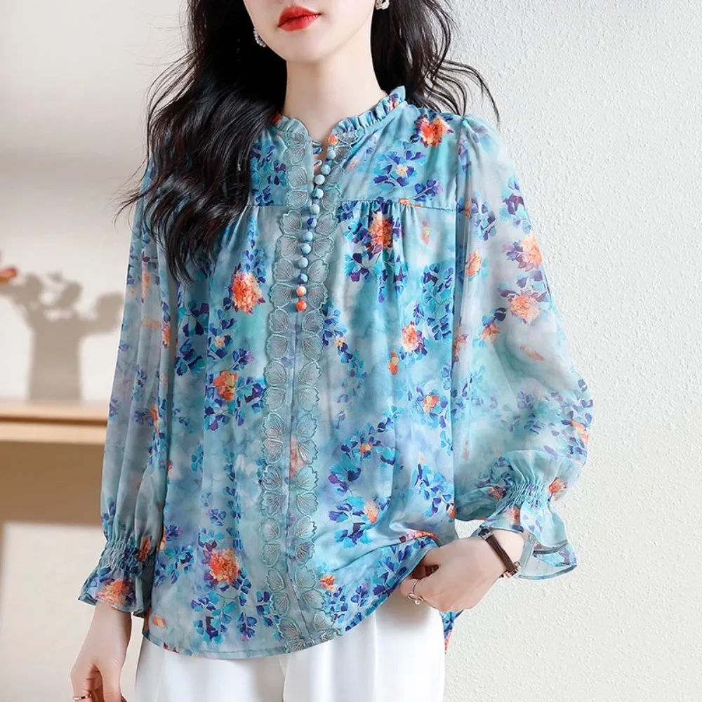 M-3XL SizeHot selling new Korean version high-end and thin style with a slimming temperament printed lantern long sleeved shirt