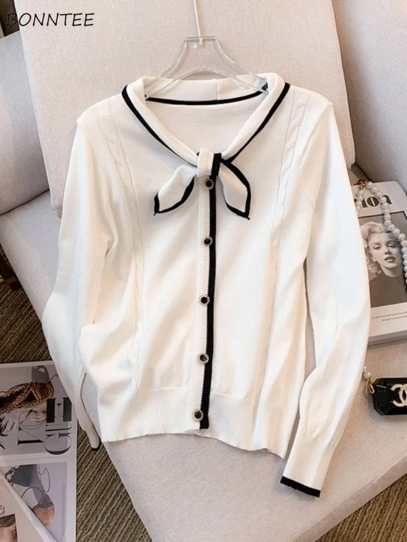 Women Shirts Bow Panelled Knitted Sweet Casual Long Sleeve Underlay Autumn Daily Korean Fashion Popular Classic Chic Ins Gentle