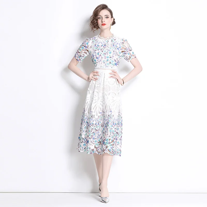 Korean Floral Elegant Dress Women Lace Print Sweet Vintage Hollow out Dress