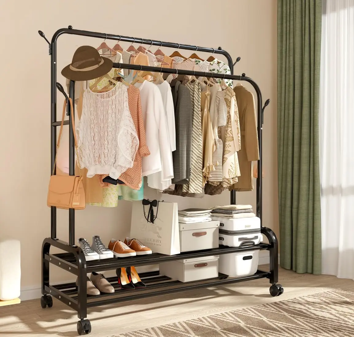 

Clothes Rack for Hanging Clothes, 100% Stainless Steel Clothes Garment, Portable Sturdy Clothes Rack, Extendable Rolling