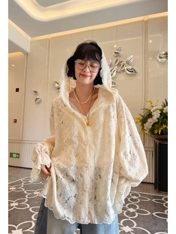 

Новая китайская женская тонкая ветрозащитная кофта-кардиган оверсайз с капюшоном, кружевным верхом и длинными рукавами, однотонная, из полиэстера