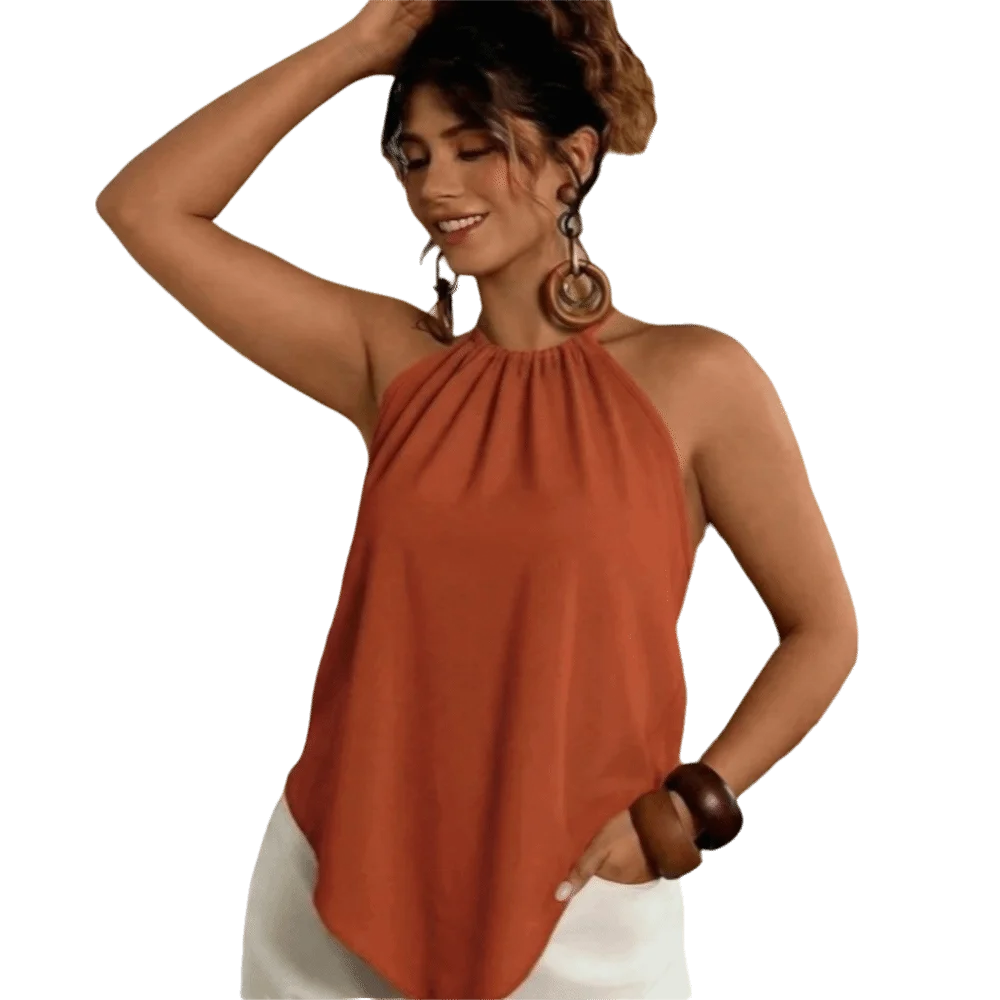 

Layering Backless Halter Top Sleeveless Irregular Hem Backless Top Pleated Breathable Satin Silk Vest Vintage Looks