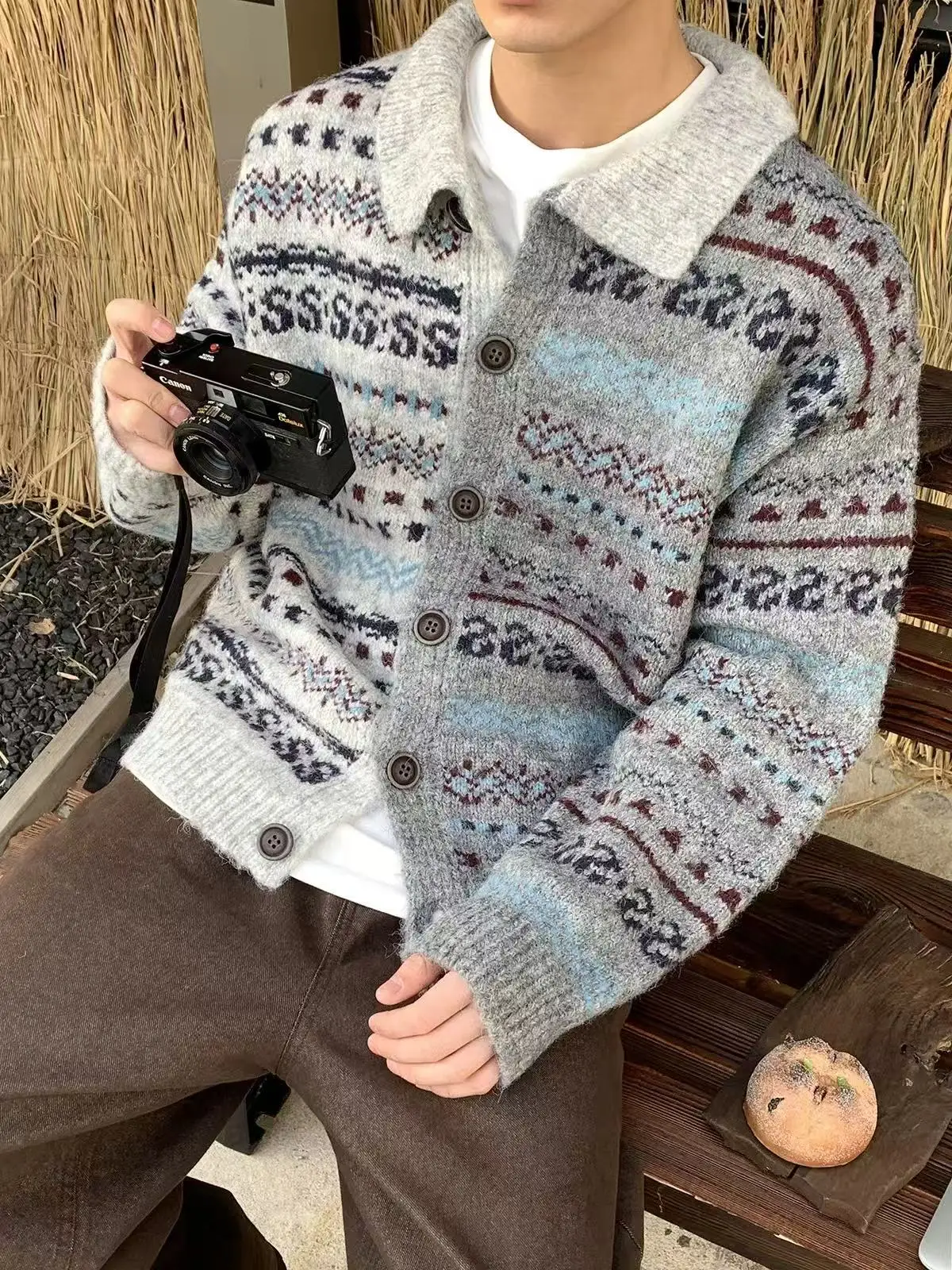 

Retro American Fair Isle Color Blo Button Collar Knitted Sweater Men's Autumn Winter Lazy Sle Open Cardigan Sweater Jaet