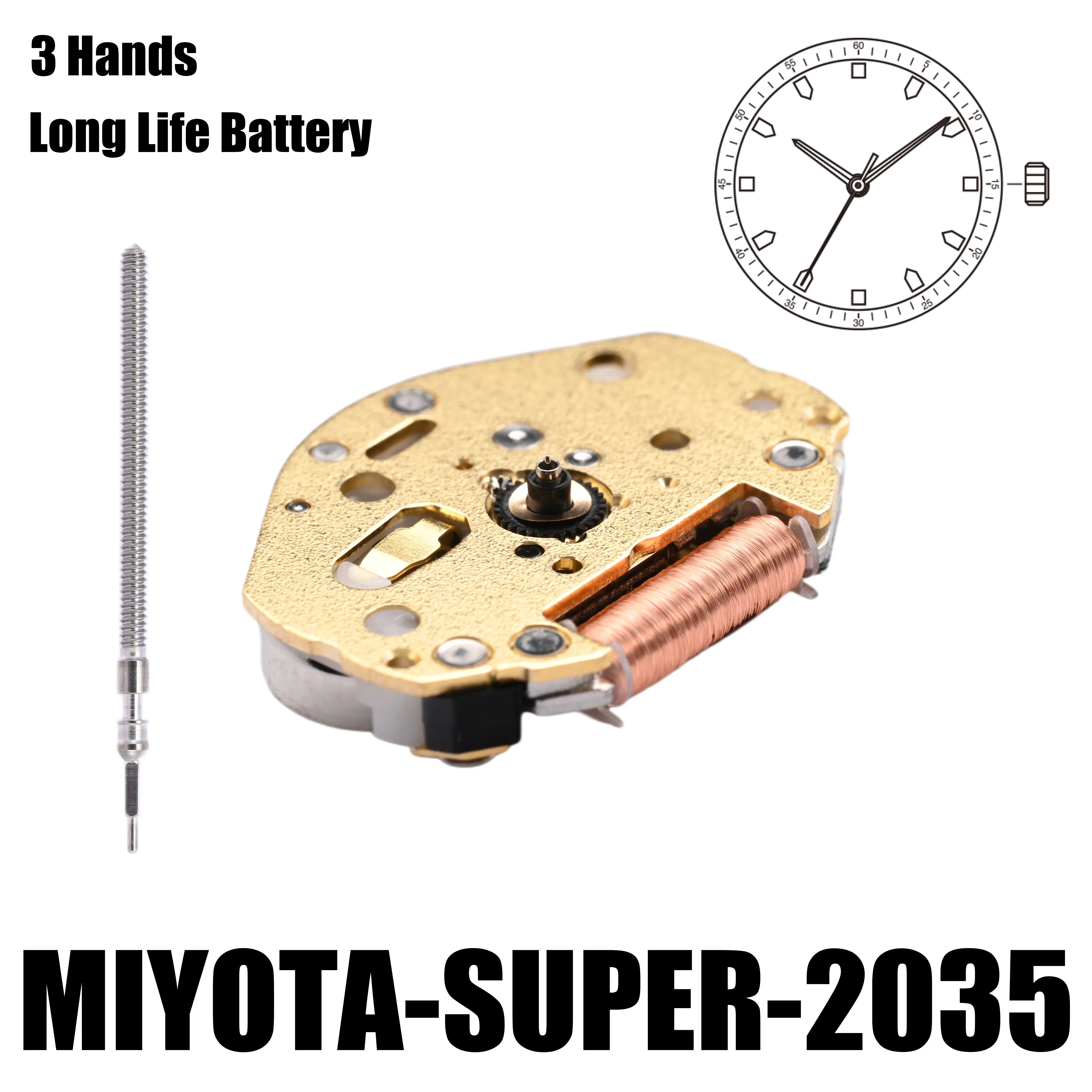 MIYOTA Super 2035 dorado estándar, movimiento de cuarzo, 3 manos, tamaño: 6, ''3/4 × 8, altura: 3,15mm-tu motor-Movimiento de Metal hecho en Japón.