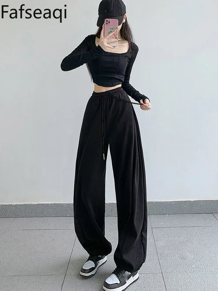 White Wide Leg Pants for Women 2024 Autumn Baggy Sweatpants High Waist Bound Feet Pants Petite Women's Lace Up Straight Trousers