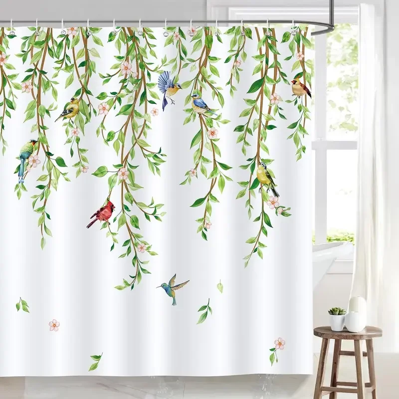 Green Leaves Birds Shower Curtain Spring Hanging Vine watercolour Leaf Bath Curtains Polyester Fabric Bathroom Decor with Hooks