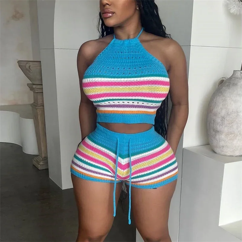 Women Suits Hhanging Neck Lace-up Sleeveless Backless Tops Female Casual Knitted Rainbow Stripes Two Piece Sets Slim Fit Shorts