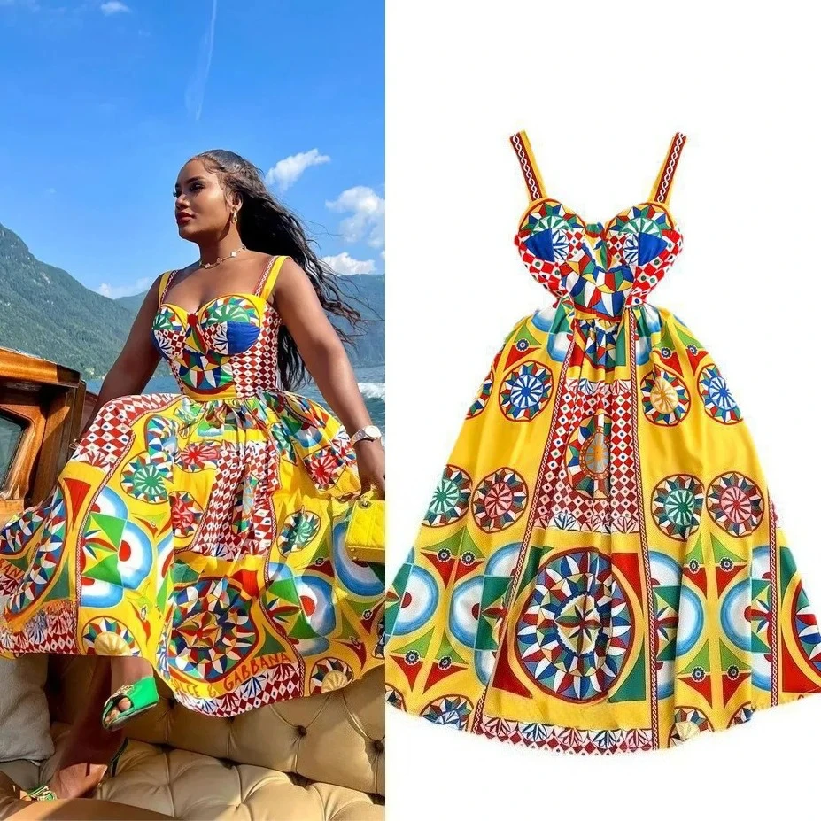 

Dress Women Long Dresses Sling Strapless Sleeveless Print Floral A Line Vestidos Streetwear Elegant Splice Y2k High Waist Party