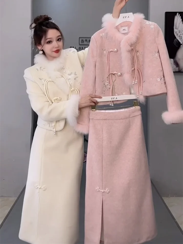 

Winter new high-end and western-style slimming new Chinese style buckle and cotton jacket half skirt set for women