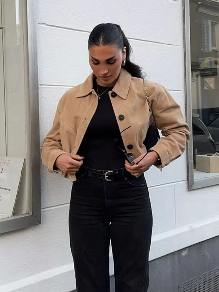 

HH 2025 женские осенние модные замшевые текстурированные пальто в стиле ретро, женские однобортные пальто с длинными рукавами и лацканами с карманами, повседневная куртка