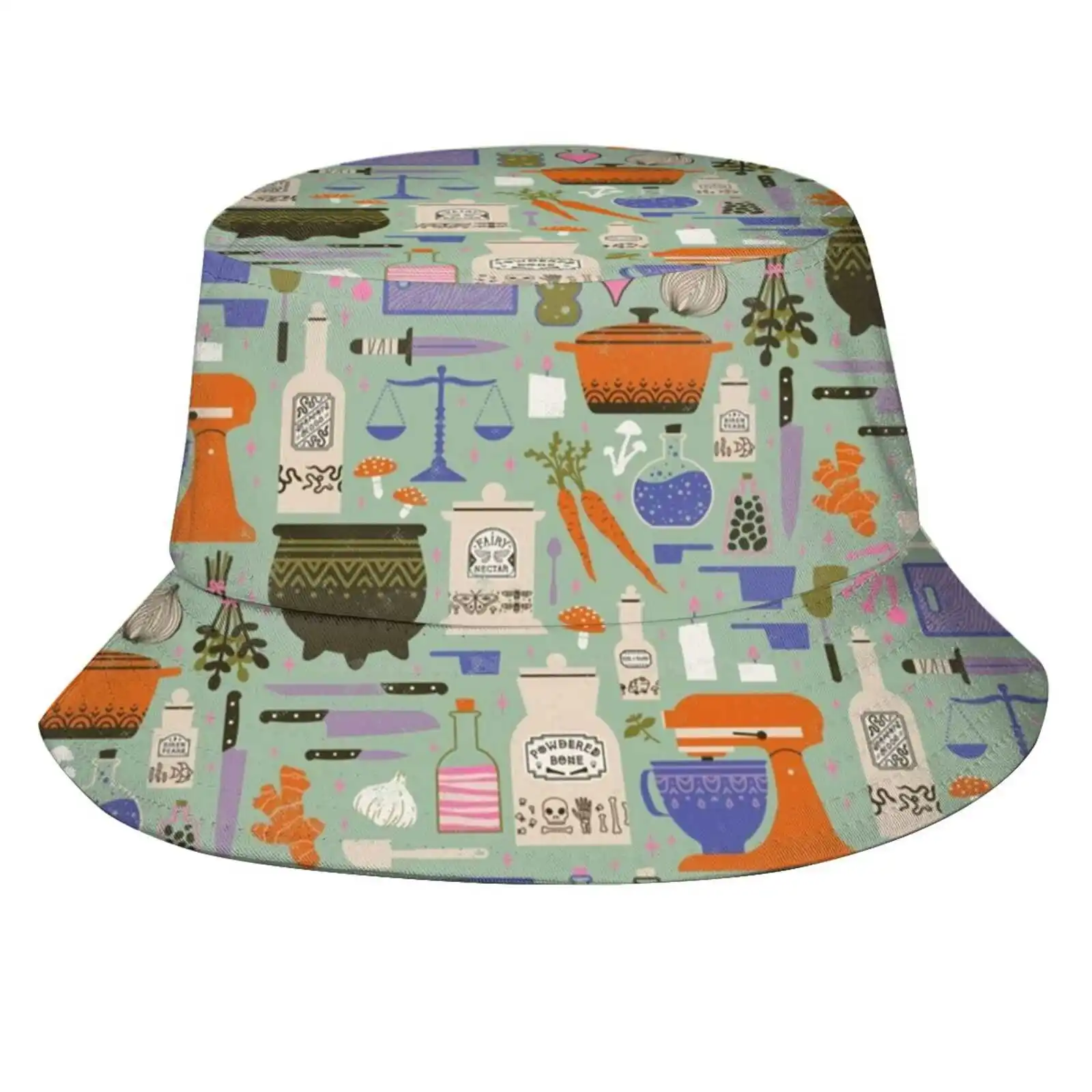 Kitchen Witch Sun Cap Fisherman Hat Bucket Hats Pattern Witchy Occult Magical Cottagecore Mushroom Cooking Potion Cauldron