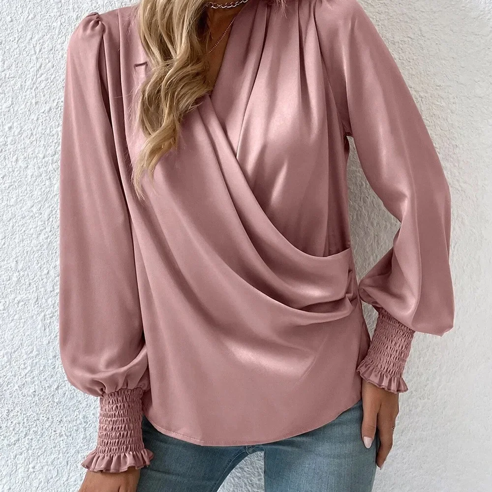 

Women's Fashion Top Bottom Shirt Women's Elegant Women's V-Neck Lantern Sleeve Temperament Commuter Women's Solid Color Shirt