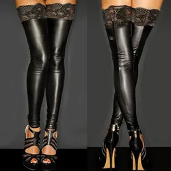 Fashion Delicate Women Leggings Latex Solid Patent Leather Lace Leggings Translucent Sheer Lace Sexy Tights lenceria para damas