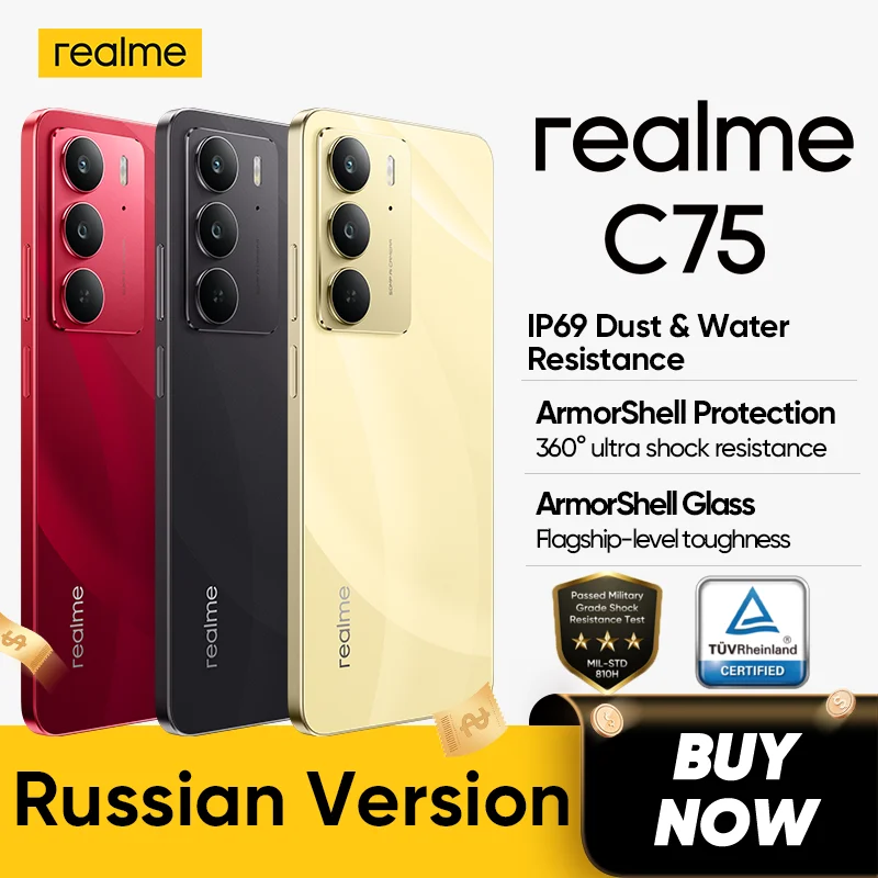 realme C75 4G Smartphone IP69 IP68 Dust & Water Resistance Military Grade 5828mAh 45W Reverse Charge Rugged