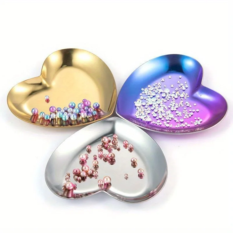 1Pc Metal Storage Tray Gold Gradient Jewelry Rhinestone Nail Art Tips Plate Heart Display Manicure Salon Tools