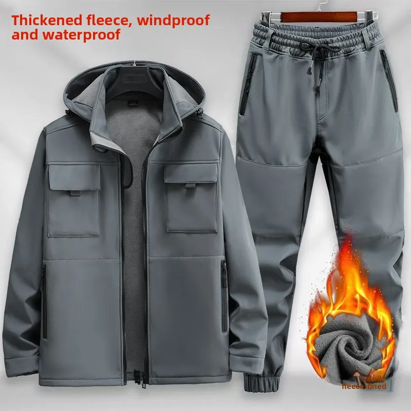

Thiened Fce Autumn Winter Men's Outdoor Climbing Suit Windproof Waterproof Warmth Retention Workwear Jaet Pants Set