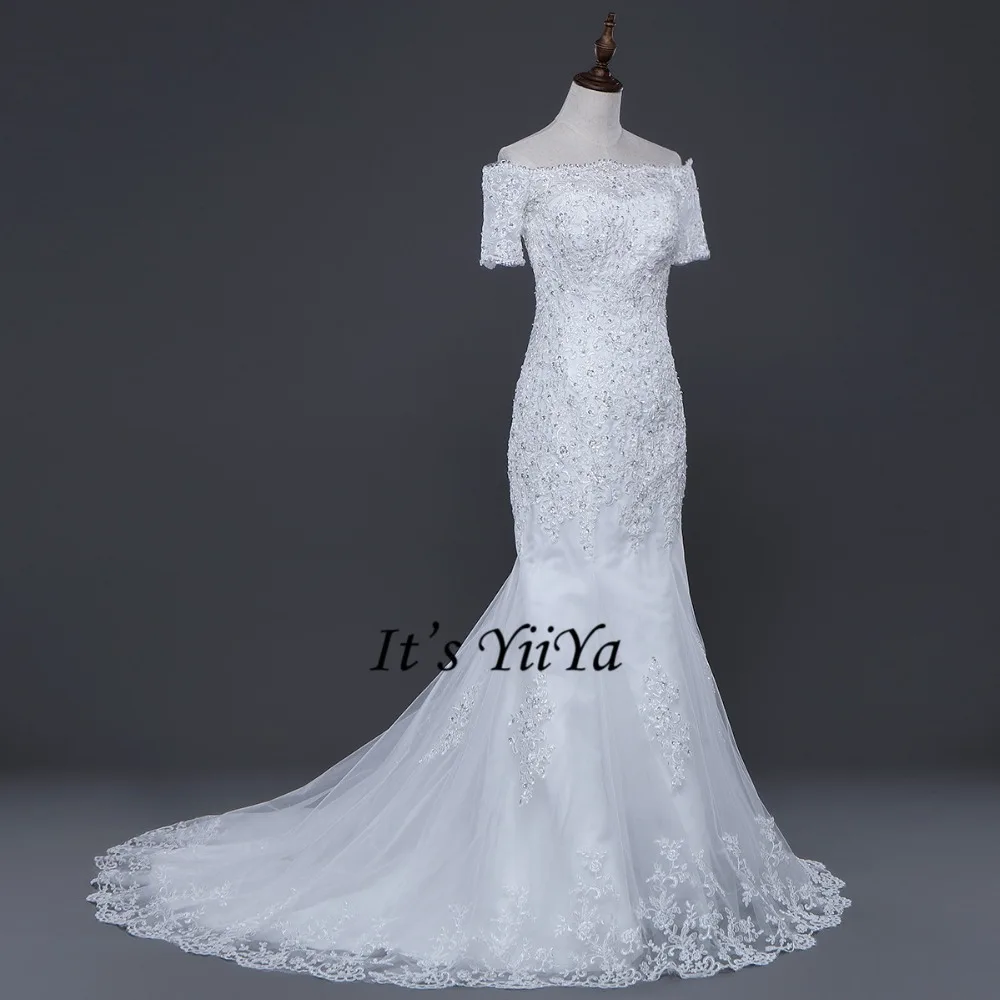 Abiti da sposa a maniche corte liquidazione abiti da sirena De Novia abiti da ballo da sposa con spalle scoperte abiti lunghi da treno HS705