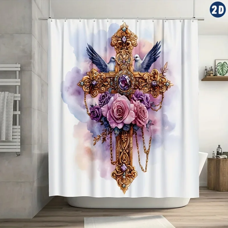 

~O~Elegant Dove & Pink Roses Cross Shower Curtain, Ornate Golden Cross Design, Durable Polyester, Includes Hooks, Bathroom Deco